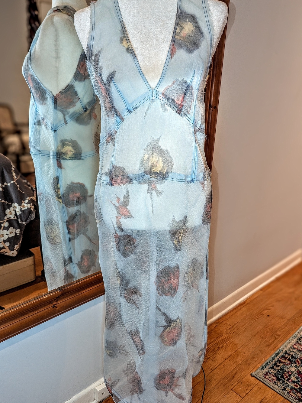 Zara Sheer Floral Maxi Dress in Light Blue with Red and Gold Accents
